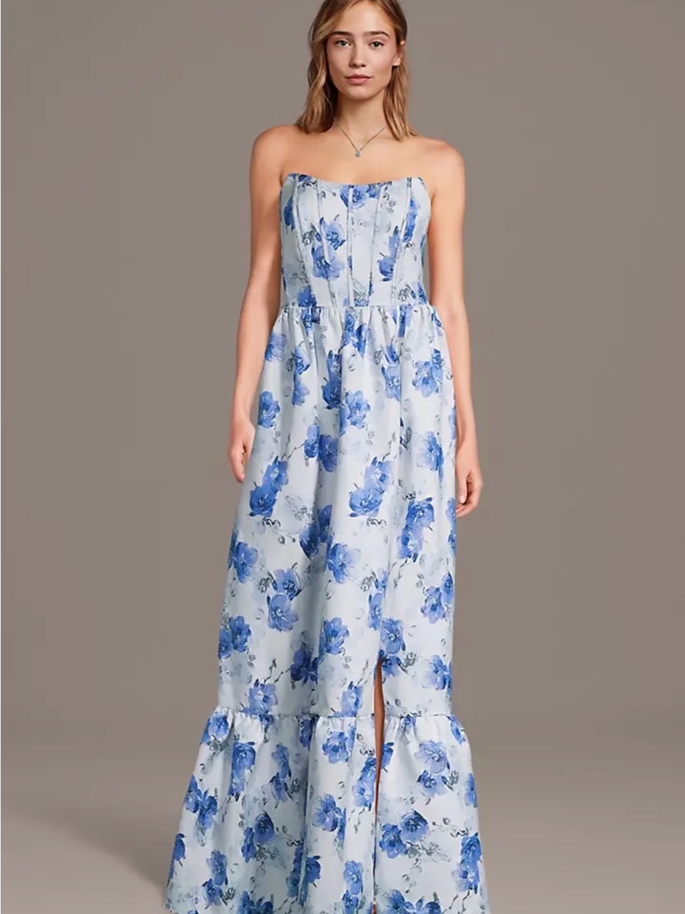 David's Bridal Strapless Blue Floral Maxi Gown